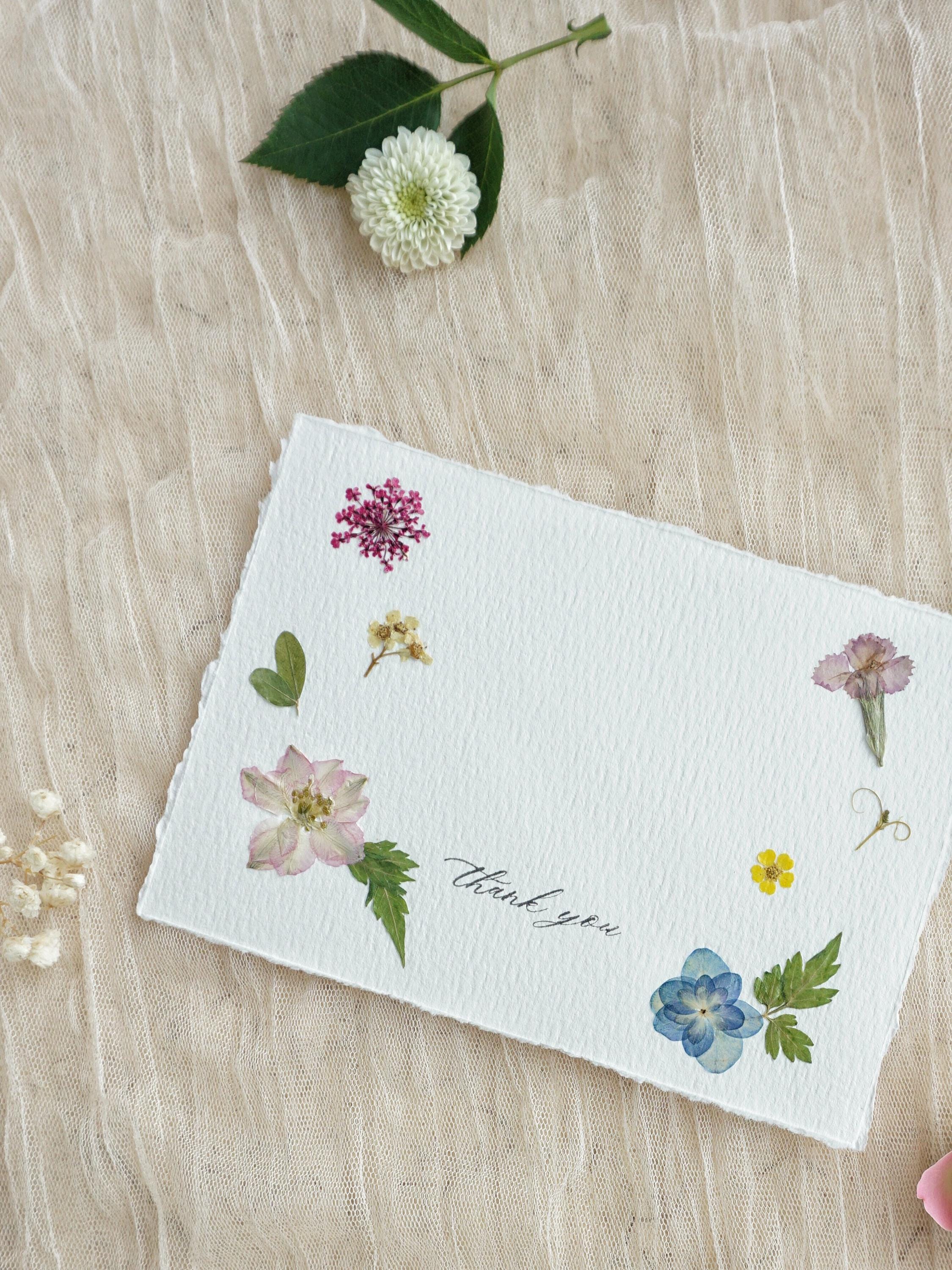 Handmade Thank You Cards With Pressed Flower, Stamped Thank You Note ...