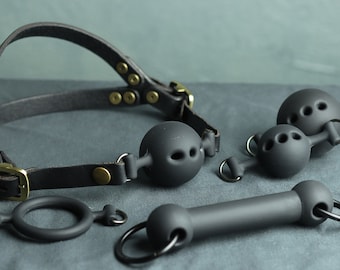 Black & Bronze 5 Gag Set: Multiple Size Ball Gags, Ring Gag, Bit Gag, Premium Leather Straps