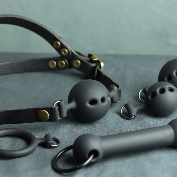 Black & Bronze 5 Gag Set: Multiple Size Ball Gags, Ring Gag, Bit Gag, Premium Leather Straps