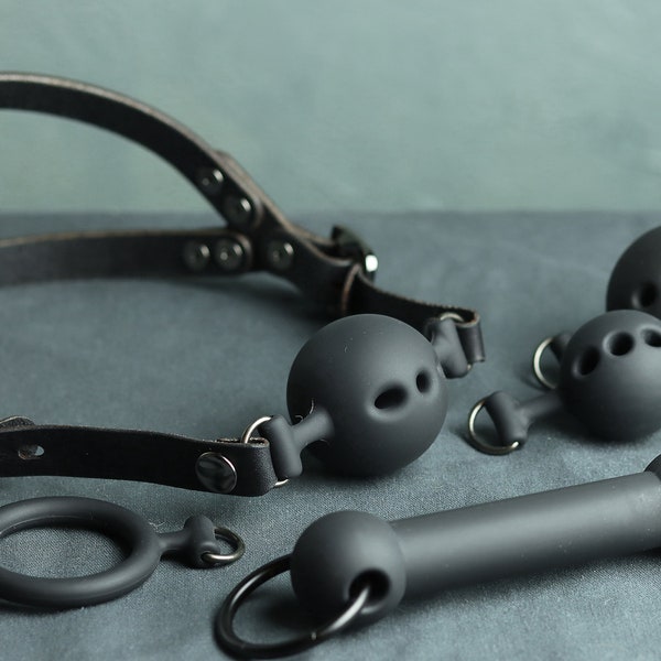 Black 5 Gag Set: Multiple Size Ball Gags, Ring Gag, Bit Gag, Premium Leather Straps