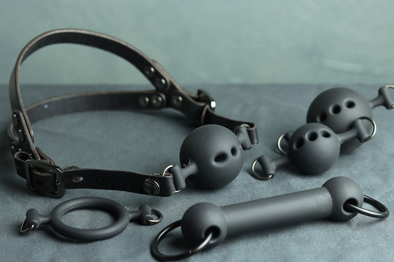 Black 5 Gag Set: Multiple Size Ball Gags, Ring Gag, Bit Gag, Premium Leather Straps 