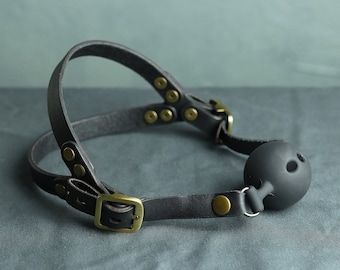 Black & Bronze Ball Gag, Premium Leather Straps