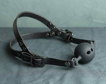 Black Ball Gag, Premium Leather Straps