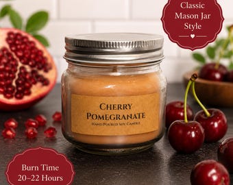 Cherry Pomegranate Candle: 8oz Soy Wax Mason Jar, Fruity Home Fragrance