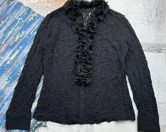 Blusa vintage de encaje negro para mujer, camisa victoriana gótica con volantes en la parte delantera, top romántico.
