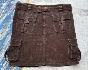Vintage Brown Corduroy Cargo Mini Skirt Women Utility Pocket Y2K Low Rise Buckle Skirt
