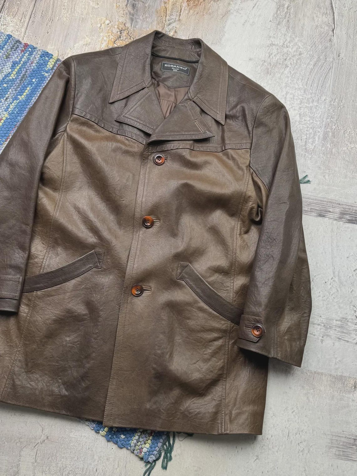 Vintage Minimalist Brown Men's Genuine Leather Jacket Oversized Retro Leather Blazer, photo 3 sur 5