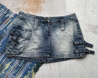 Minifalda vaquera vintage Y2K de talle bajo, con hebilla tipo cargo y bolsillos, falda vaquera azul para festivales