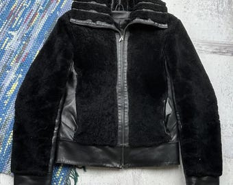Vintage Real Sheepskin Jacket Women Black Shearling Coat Leather Winter Jacket