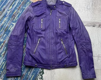 Vintage Purple Leather Moto Biker Jacket Y2K Motorcycle Zip Women’s Leather Coat