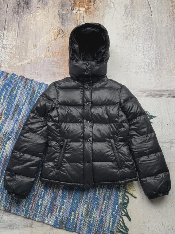 reclaimed vintage vintage black puffer jacket Vintage Black Down Puffer Jacket Hooded Winter Coat Cropped Puffa Jacket  Y2K