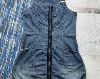 Vintage Denim Dress With Shoulders Belted