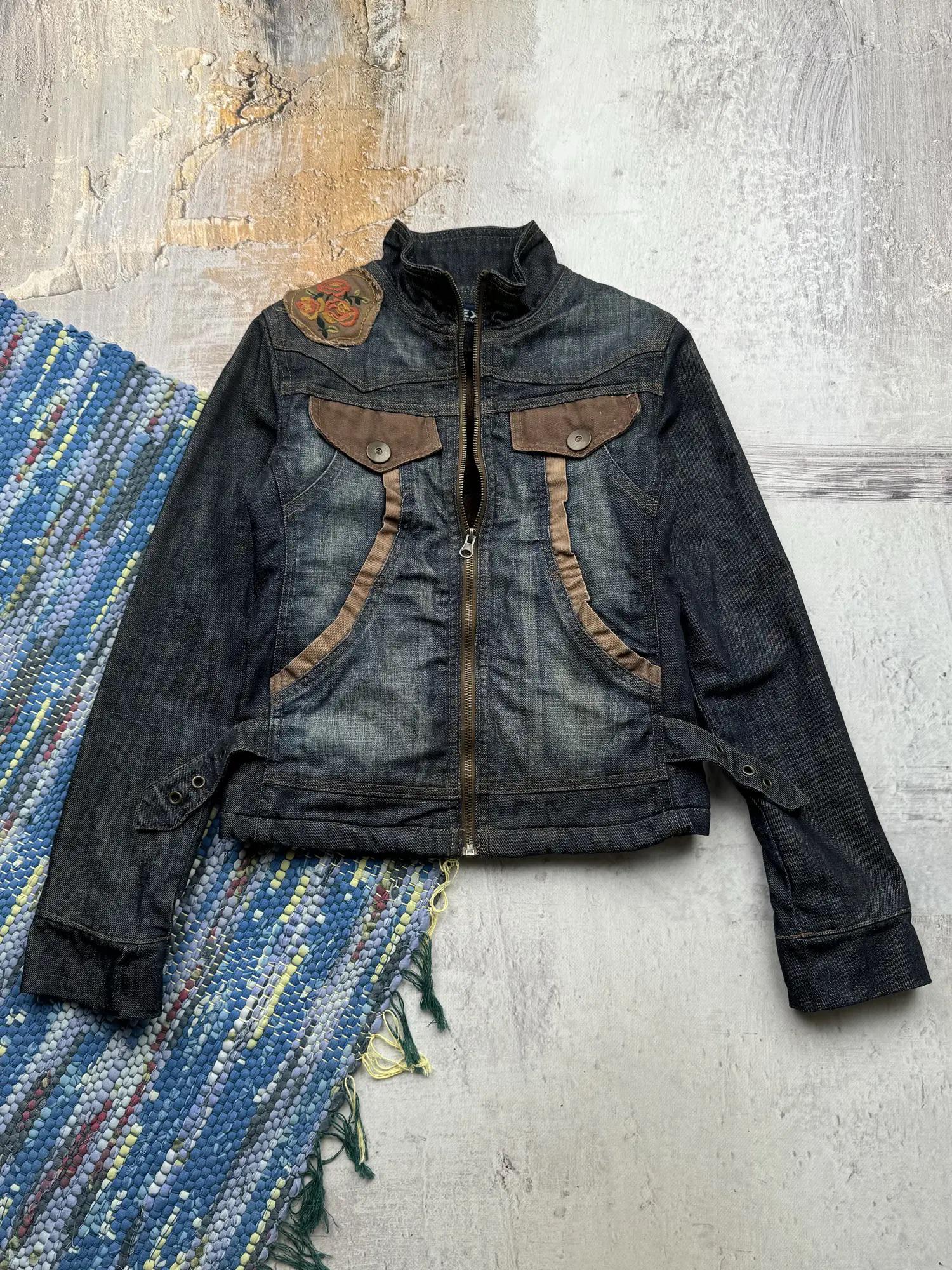 Vintage Denim Embroidered Floral Jacket Y2K Zip up Jean Jacket