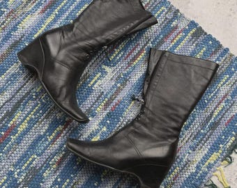 Vintage Schwarz Leder Mitte Waden Stiefel Blockabsatz Seitliche Reißverschluss Minimalist Frauen