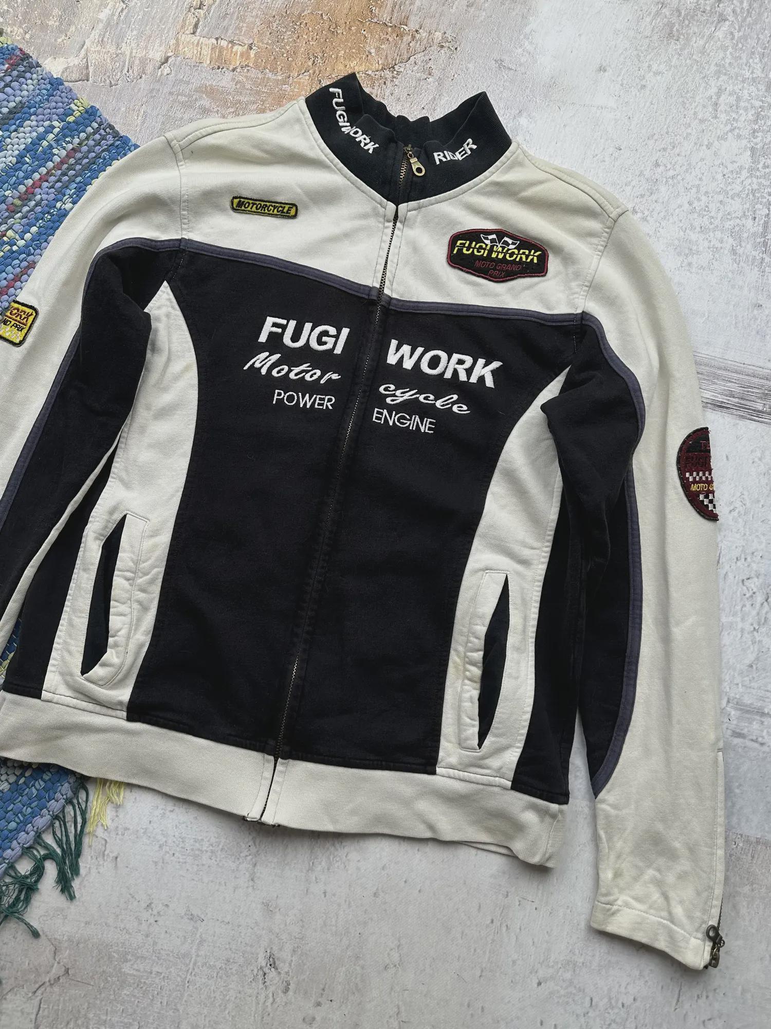 Y2K CLOCKHOUSE レーシングジャケット 白黒 FUGI WORK L Vintage Fugi Work Racing Jacket Women's Moto Biker Zip Y2K