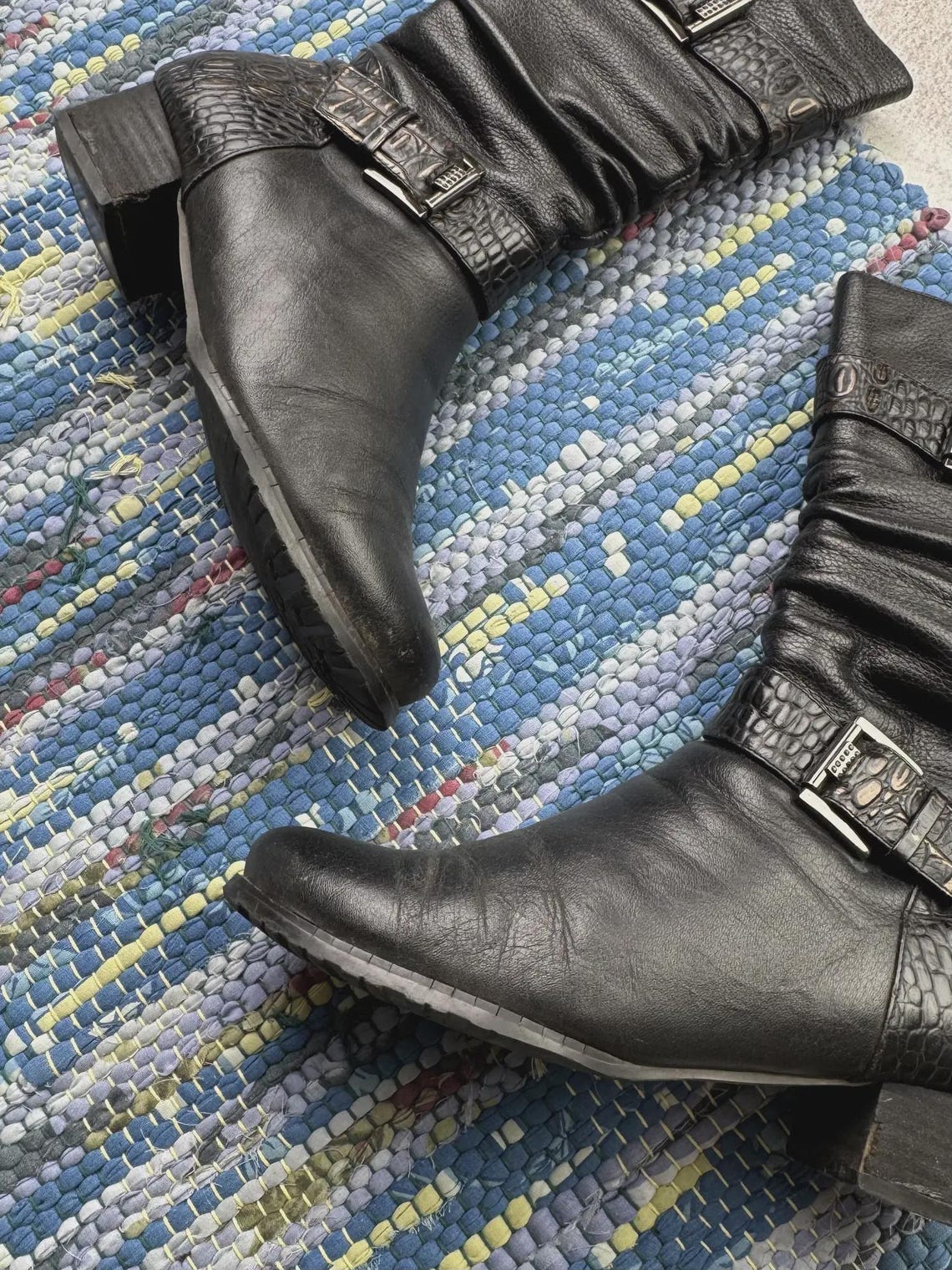 Vintage Black Leather Mid Calf Boots Buckle Moto Biker Western Slouch Women Block Heel, foto 4 di 5