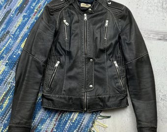 Vintage zwarte leren bikerjas voor dames, motorjas met rits, grunge Y2K-stijl, echt leer.