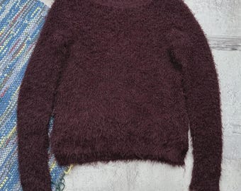 Vintage Fuzzy Eyelash Sweater Burgundy Soft Knit Jumper Cozy Grunge Women’s Pullover Top