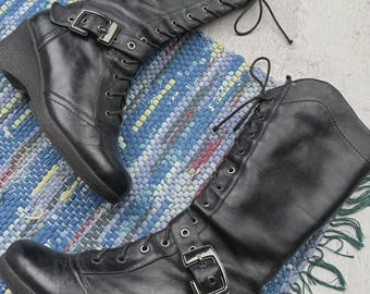 Y2K Leather Platform Boots Women Goth Buckle Combat Grunge Knee