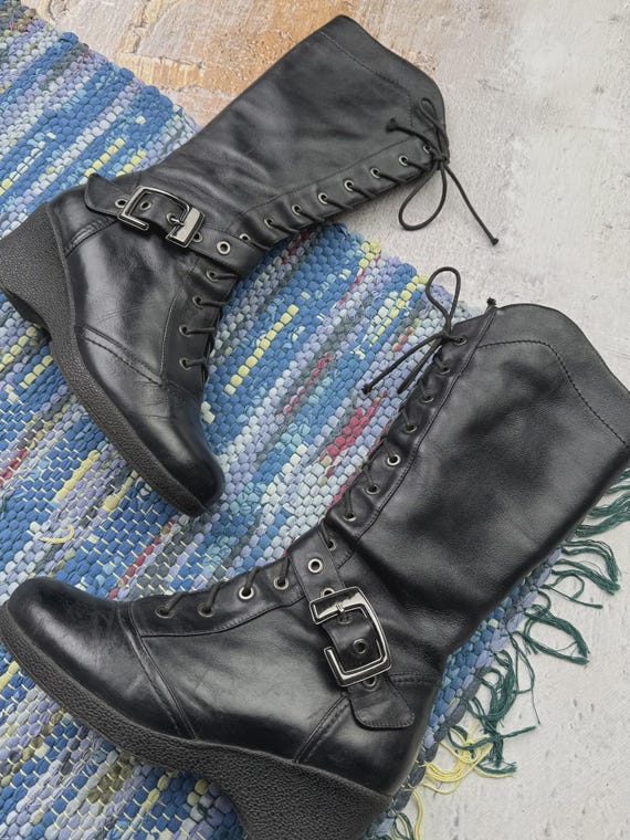 Y2K grunge お兄系 leather boots 26cm Y2K Leather Platform Boots Women Goth Buckle Combat Grunge Knee