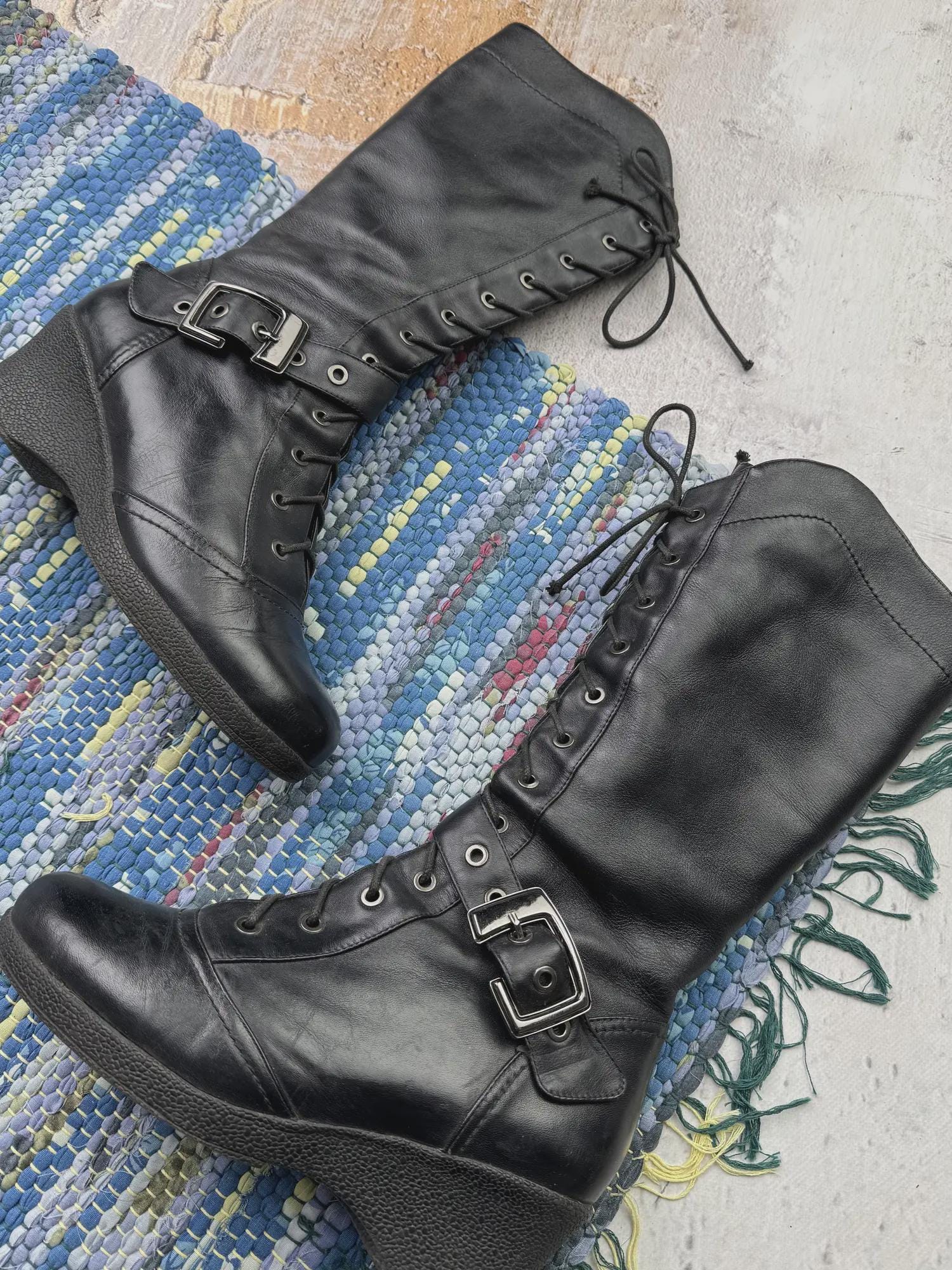 Y2K Leather Platform Boots Women Goth Buckle Combat Grunge Knee