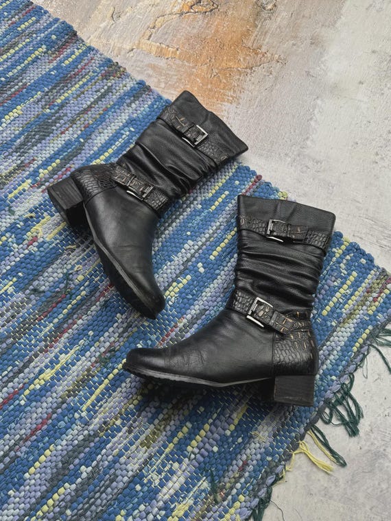 Vintage Black Leather Mid Calf Boots Buckle Moto Biker Western Slouch Women Block Heel