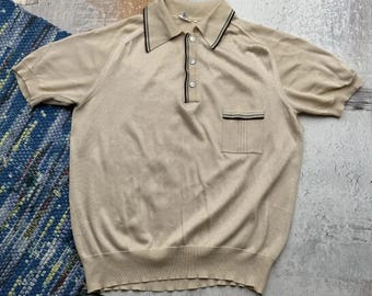 Vintage Knit Polo Shirt Men's Beige Retro Polo Tee 70s 80s Mod Casual Top