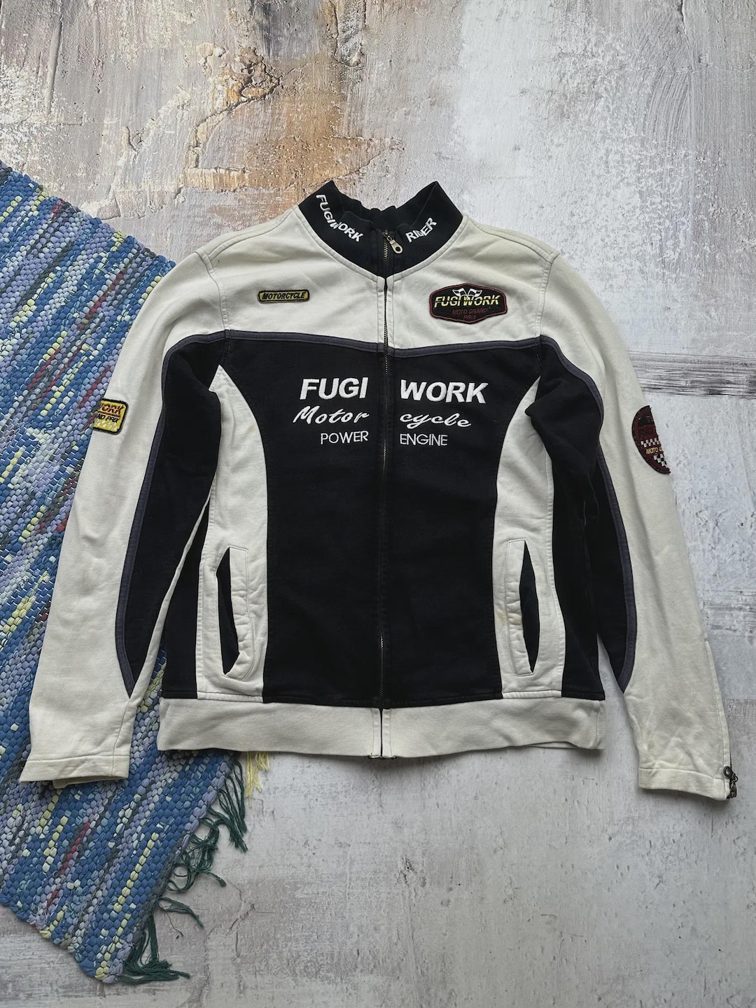 Y2K CLOCKHOUSE レーシングジャケット 白黒 FUGI WORK L Vintage Fugi Work Racing Jacket Women's Moto Biker Zip Y2K