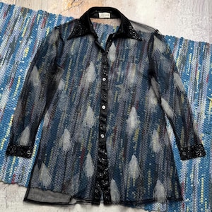 Vintage Sheer Mesh Blouse Y2K See Through Button Up Shirt Feather Print Fairy Grunge