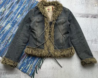 Vintage Faded Denim Cropped Jacket With Faux Fur Details
