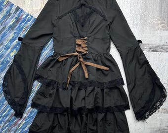 Y2K Gothic Mini Lace Trim Corset Dress Bell Sleeve Fairy Grunge Goth Party Dress