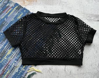Y2K Black Mesh Crop Top Fishnet Tee Sheer Clubwear Festival Grunge Top Vintage