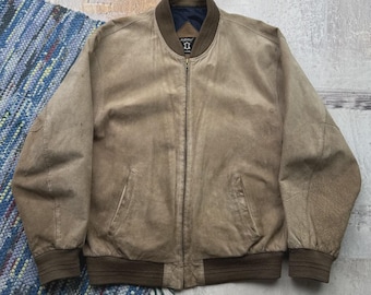 90s Mens XL Suede Leather Zip Bomber Jacket Preppy Grunge, Vintage