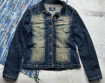 Vintage Denim Jacket Women Y2K Blue Jean Jacket Fitted Trucker Coat Retro
