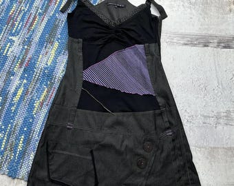 Vintage Black Patchwork Mini Dress Strappy Sleeveless Y2K Bodycon Pocket Dress