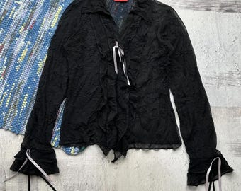 Vintage Black Sheer Blouse Y2K Ruffle Tie Front Mesh Long Sleeve Gothic Women’s Shirt