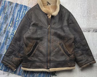 Vintage Echt Schaffell Jacke Braun Lammfell Mantel Aviator Bomber Winterjacke