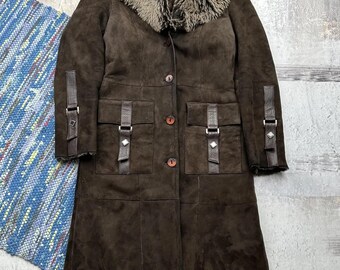 Vintage Real Sheepskin Women Brown Shearling Coat Long Winter Suede Leather Coat Boho Outerwear