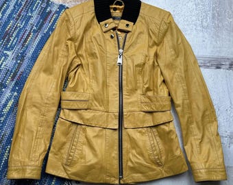 Vintage Real Leather Jacket Women Zip Up Biker Moto Fitted Mustard Leather Coat Y2K