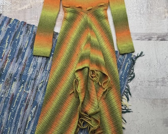 Vintage Fairycore Knit Maxi Dress Pixie Festival Boho Fringe Crochet Dress Y2K
