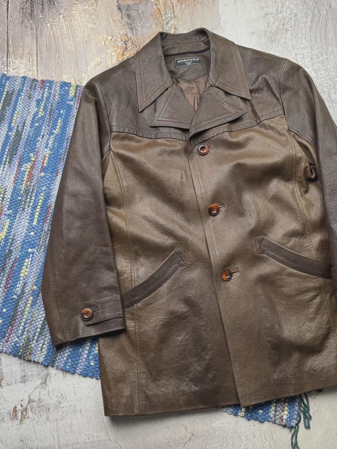 Vintage Minimalist Brown Men's Genuine Leather Jacket Oversized Retro Leather Blazer, photo 2 sur 5