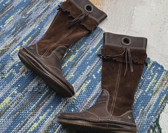 Vintage Brown Leather Tall Boots Suede Boho Riding Women Knee High Western Y2K
