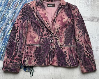 Vintage Corduroy Blazer Jacket Pink Animal Print Y2K Cropped Tailored Jacket