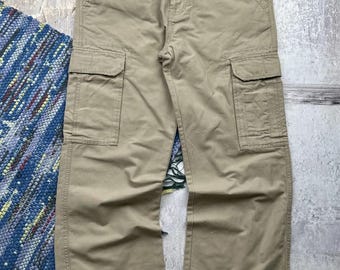 Vintage Cargo Pants Men Beige Cotton Utility Straight Leg Casual Workwear Trousers