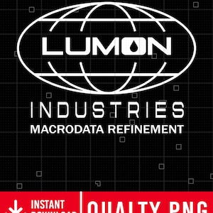 Könnte beinhalten: Weißes Logo auf schwarzem Hintergrund mit dem Wort "LUMON" in einem Oval mit Globus-Design. Darunter steht "INDUSTRIES" und "MACRODATA REFINEMENT". Das untere Banner zeigt "SOFORTIGER DOWNLOAD" und "QUALITÄT PNG".