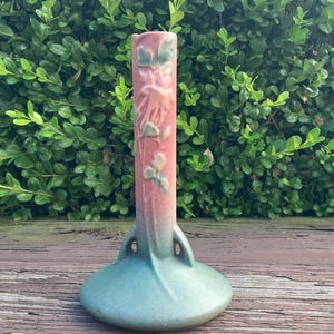 1940s Roseville Columbine Bud Vase 15-7” Pink Flower Art Pottery