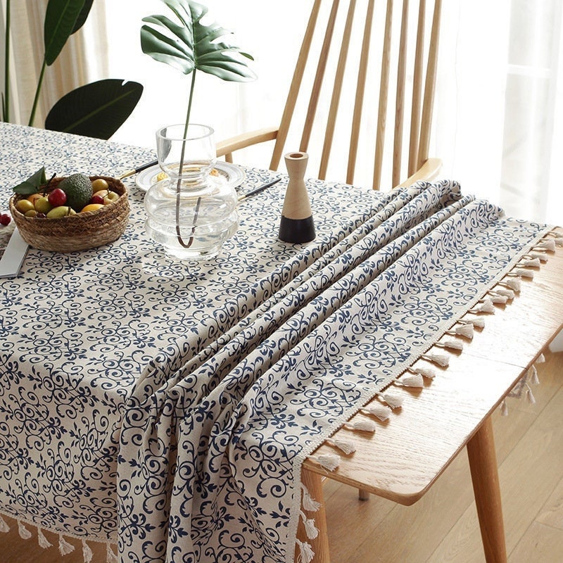 Boho Style Cotton Linen Blue Floral Tablecloth for Kitchen - Etsy