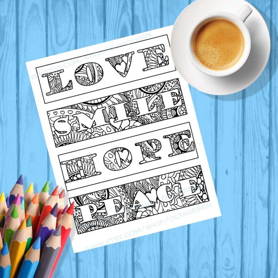 Printable Peace Love Hope Smile Coloring Page Doodle Art Etsy