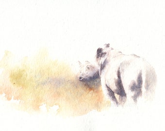 Swaying Grass - Rhino Watercolor painting - Wildlife Art - Interior decoration