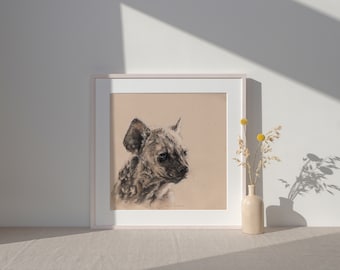 Hand Painted Hyena Pup Art Print: Ink & Tea Illustration, Wildlife Conservation